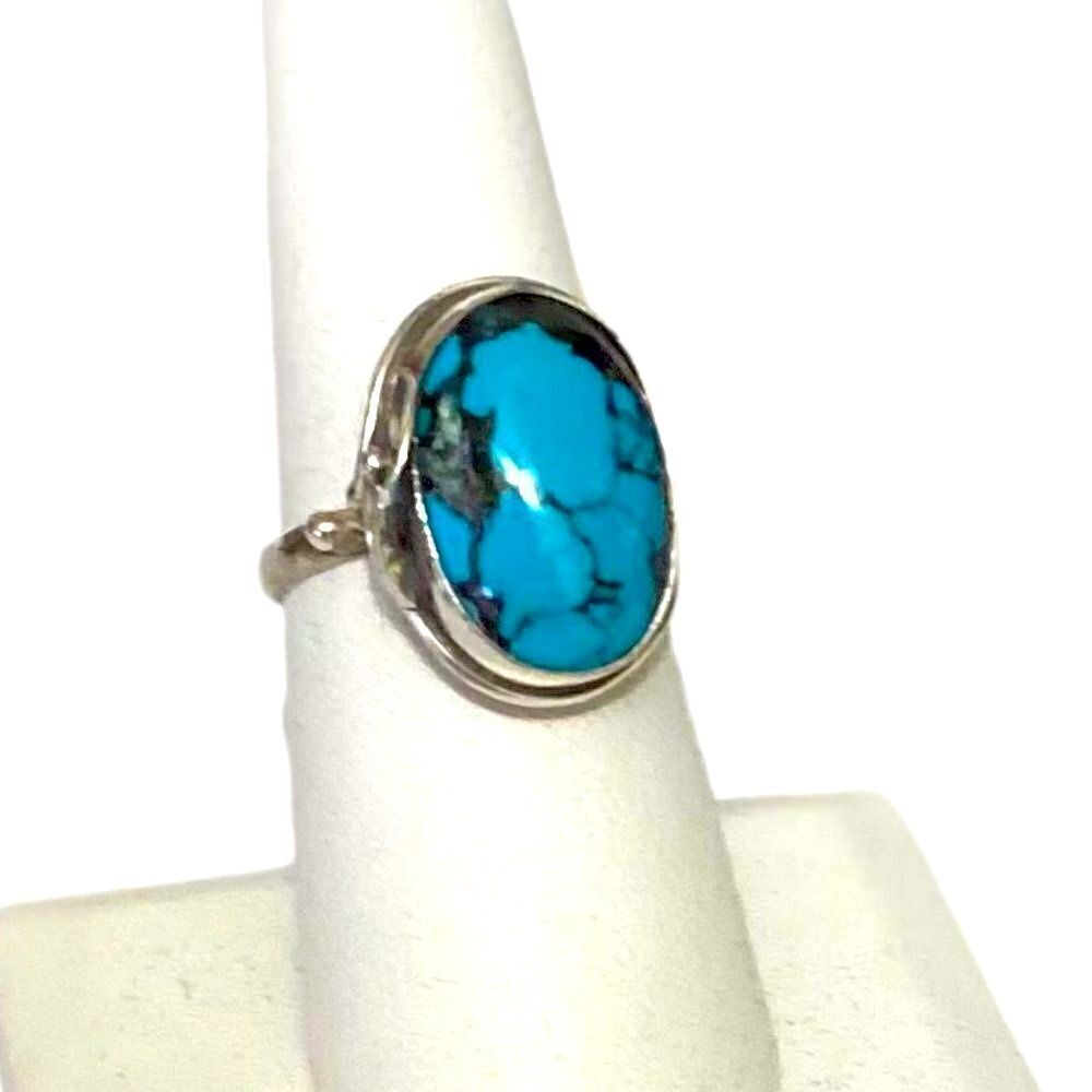 Oval Turquoise Sterling Silver Floral Lily Ring Custom Design NEW